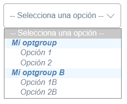 Ejemplo de html select con opciones abiertas agrupadas con optgroup